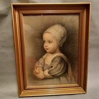 gammeldags klædt portræt af pige med æble i guldramme print bag glas.